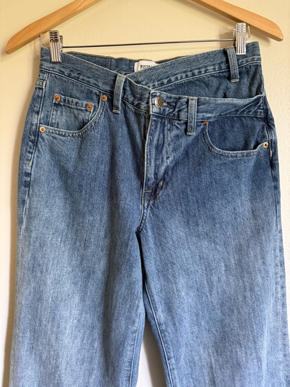 Pistola Bobbie Crossover Waist Jeans Wide Straight Leg Size 27 Ombre Fade Denim - Picture 4 of 8